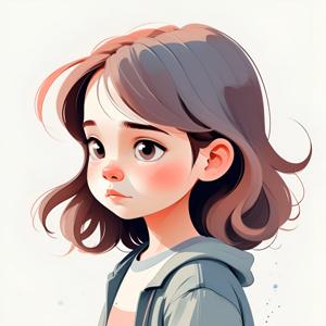 A delicate digital illustration featuring a young girl with expressive eyes and soft, wavy hair in a semi-realistic, cartoon style. The artwork captures a poignant and tender moment, emphasizing emotion and character design.