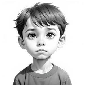 A beautifully detailed black and white digital illustration of a young, pensive boy with large, expressive eyes. The art style captures a realistic yet subtly artistic rendering.