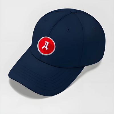 A sleek and modern navy blue baseball cap featuring a prominent red emblem with white details. This digital illustration emphasizes sports fashion and contemporary headwear design.