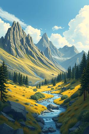 Mountain Valley Stream with Pine Trees - Free Download - AI Scribbles