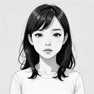 A beautifully rendered black and white minimalist anime portrait of a young woman, featuring detailed line art and expressive eyes.