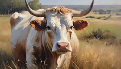 A beautiful painting of a brown cow with large horns, standing in a serene pastoral landscape with distant hills and fields. The artwork features an impressionistic style, emphasizing the natural beauty and tranquility of rural life.
