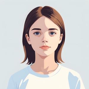 A digital illustration of a young girl with short brown hair and blue eyes, rendered in a minimalist art style. The clean and simple lines highlight the serene expression of the subject.