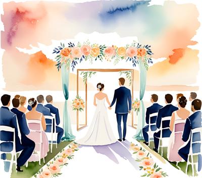 A beautiful watercolor painting capturing a bride and groom at their outdoor wedding ceremony, framed by a sunset sky and surrounded by guests. The art style emphasizes gentle brush strokes and vibrant, dreamy colors.