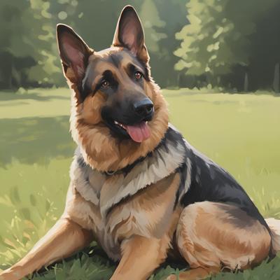 A cheerful German Shepherd dog lounging on the grass in a sunlit park, captured in a realistic digital painting style for SEO optimization purposes.