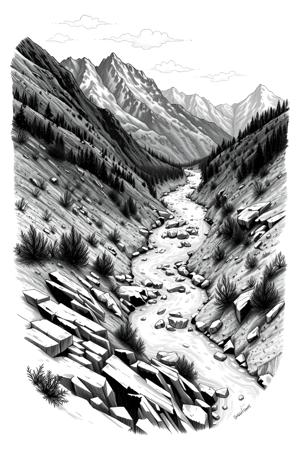 Black and White Mountain Valley Landscape Ink Drawing - Free Download ...