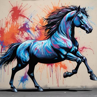 A vibrant graffiti art piece featuring a dynamic blue horse on a beige background with splashes of colorful paint. The energetic street art style showcases movement and creativity.