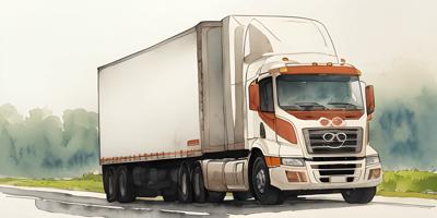 A detailed watercolor painting of a semi-truck driving on a highway, illustrating realistic commercial transportation artistry. Ideal for use in logistic and freight-related design projects.