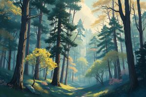 Sunlit Forest Path with Towering Trees - Free Download - AI Scribbles