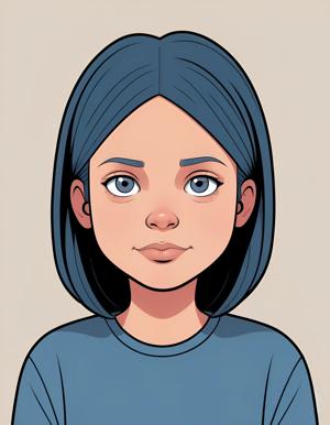 A digital illustration of a young girl with blue hair and blue eyes, depicted in a vibrant cartoon style.