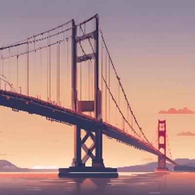 A pixel art depiction of the Golden Gate Bridge at sunset, showcasing vibrant colors and a retro gaming style. This digital artwork captures the iconic landmark in a nostalgic 8-bit aesthetic.